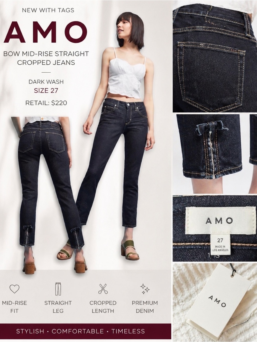 ⤵️🆕 AMO Bow Mid-Rise Straight Cropped Jeans